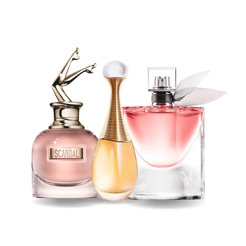 Combinaison de 3 parfums Jean Paul Gaultier SCANDAL, Dior J'ADORE and Lancôme LA VIE EST BELLE 100 ml